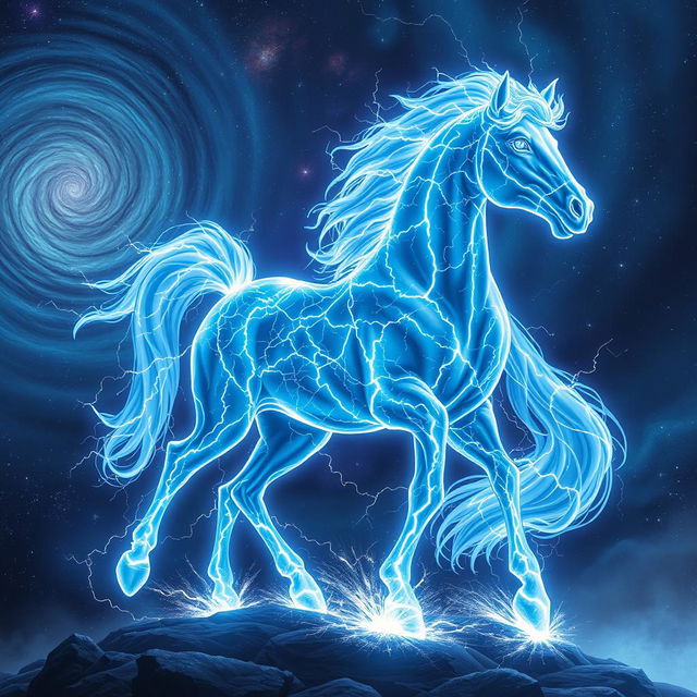 In the captivating style of Dungeons and Dragons character art, a magnificent horse composed entirely of lightning and stars stands majestically