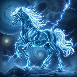 In the captivating style of Dungeons and Dragons character art, a magnificent horse composed entirely of lightning and stars stands majestically