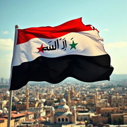 A powerful and emotive depiction of the Syrian revolution flag prominently displayed