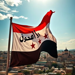 A powerful and emotive depiction of the Syrian revolution flag prominently displayed
