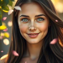A beautifully detailed portrait of a young woman with striking features, showcasing her captivating green eyes and long, flowing brunette hair