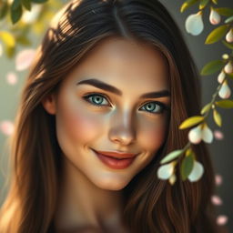 A beautifully detailed portrait of a young woman with striking features, showcasing her captivating green eyes and long, flowing brunette hair