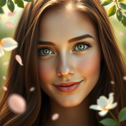 A beautifully detailed portrait of a young woman with striking features, showcasing her captivating green eyes and long, flowing brunette hair