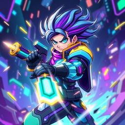 A dynamic and vibrant gaming profile picture for a gaming channel, featuring a futuristic character with glowing neon armor, wielding a high-tech weapon
