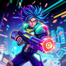 A dynamic and vibrant gaming profile picture for a gaming channel, featuring a futuristic character with glowing neon armor, wielding a high-tech weapon