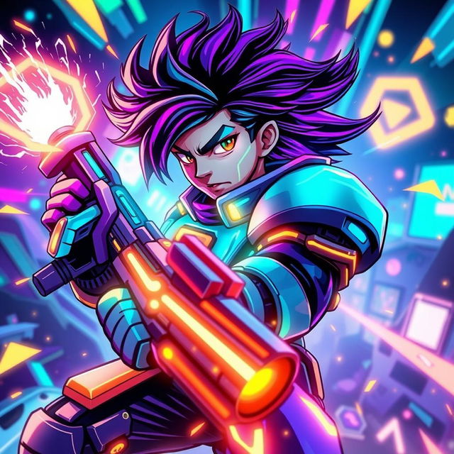 A dynamic and vibrant gaming profile picture for a gaming channel, featuring a futuristic character with glowing neon armor, wielding a high-tech weapon