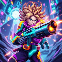 A dynamic and vibrant gaming profile picture for a gaming channel, featuring a futuristic character with glowing neon armor, wielding a high-tech weapon