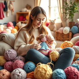 A young woman sitting comfortably among colorful balls of yarn, skillfully crocheting a doll using a crochet hook