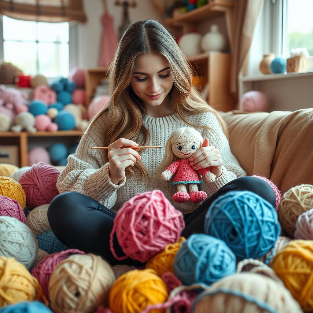 A young woman sitting comfortably among colorful balls of yarn, skillfully crocheting a doll using a crochet hook