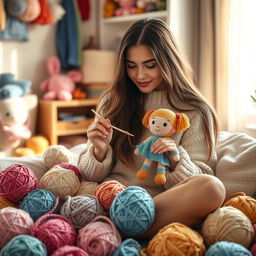 A young woman sitting comfortably among colorful balls of yarn, skillfully crocheting a doll using a crochet hook