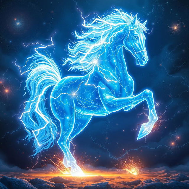 In the magical and intricate style of Dungeons and Dragons character art, a stunning horse constructed from vibrant lightning and radiant stars stands in a heroic pose