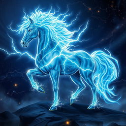 In the magical and intricate style of Dungeons and Dragons character art, a stunning horse constructed from vibrant lightning and radiant stars stands in a heroic pose