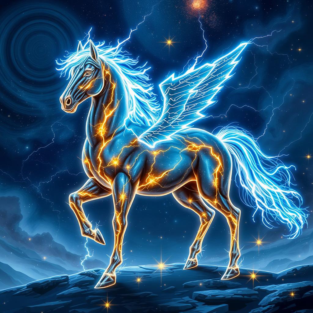 In the magical and intricate style of Dungeons and Dragons character art, a stunning horse constructed from vibrant lightning and radiant stars stands in a heroic pose