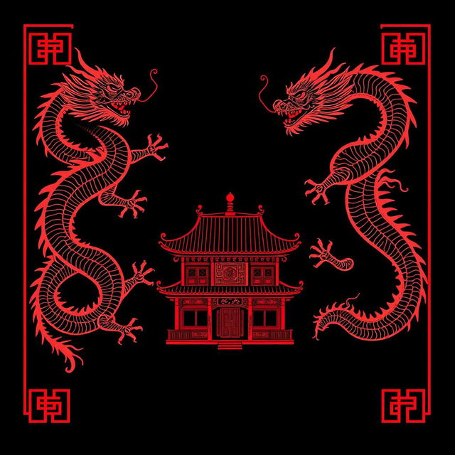 A black background with Chinese dragons outlined in red on the upper right border and the lower left border of the black background