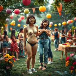 A photorealistic scene capturing a large garden party, filled with vibrant greenery and colorful decorations