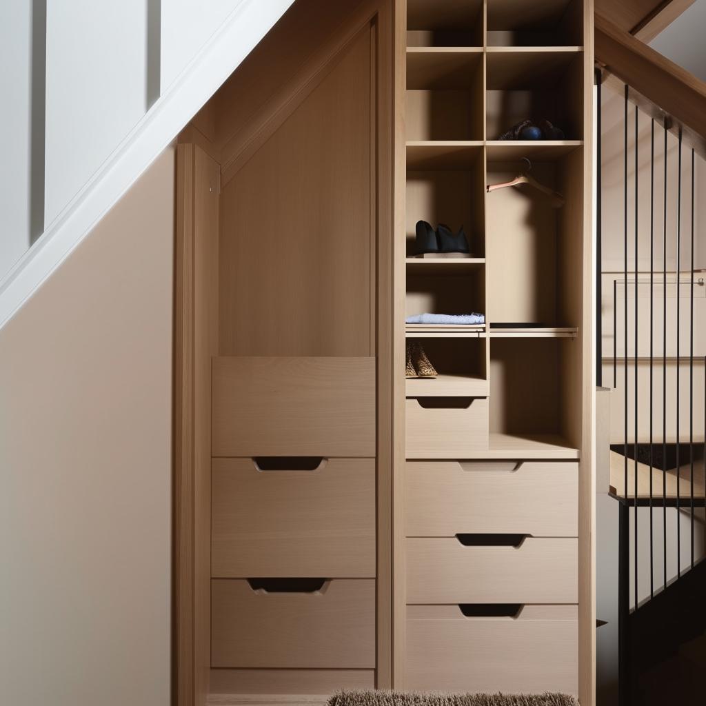 A creatively designed and space-efficient wardrobe built into a nook under a staircase, featuring well-organized compartments, hangers and drawers with aesthetically pleasing interior design.