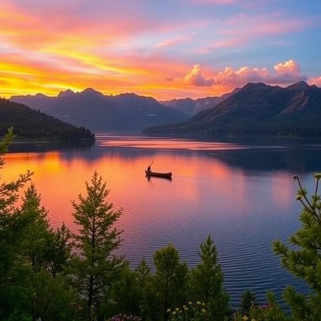 A stunning landscape featuring a serene lake surrounded by majestic mountains during sunset, with vibrant colors reflecting off the water