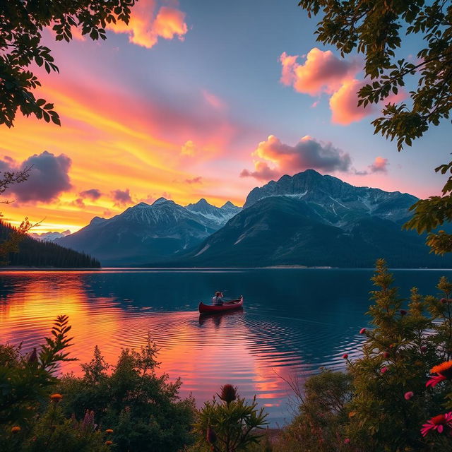 A stunning landscape featuring a serene lake surrounded by majestic mountains during sunset, with vibrant colors reflecting off the water