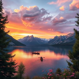 A stunning landscape featuring a serene lake surrounded by majestic mountains during sunset, with vibrant colors reflecting off the water