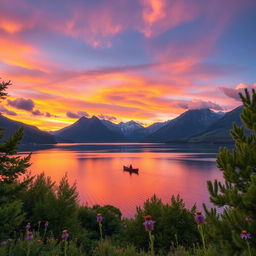 A stunning landscape featuring a serene lake surrounded by majestic mountains during sunset, with vibrant colors reflecting off the water