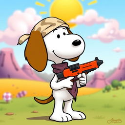 Snoopy, the famous cartoon beagle, wearing a stylish durag and holding a playful toy gun, standing confidently