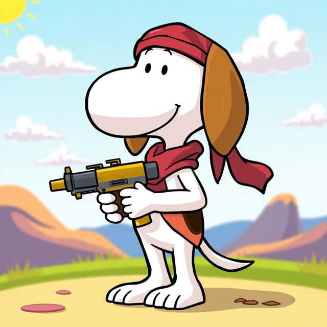 Snoopy, the famous cartoon beagle, wearing a stylish durag and holding a playful toy gun, standing confidently