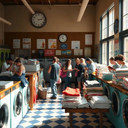A cozy and inviting laundromat scene, filled with colorful washing machines and dryers, sunlight streaming through large windows, creating a warm atmosphere
