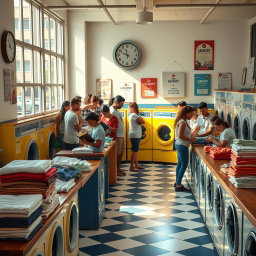 A cozy and inviting laundromat scene, filled with colorful washing machines and dryers, sunlight streaming through large windows, creating a warm atmosphere