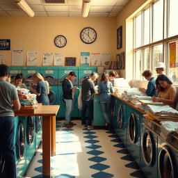 A cozy and inviting laundromat scene, filled with colorful washing machines and dryers, sunlight streaming through large windows, creating a warm atmosphere