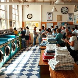 A cozy and inviting laundromat scene, filled with colorful washing machines and dryers, sunlight streaming through large windows, creating a warm atmosphere