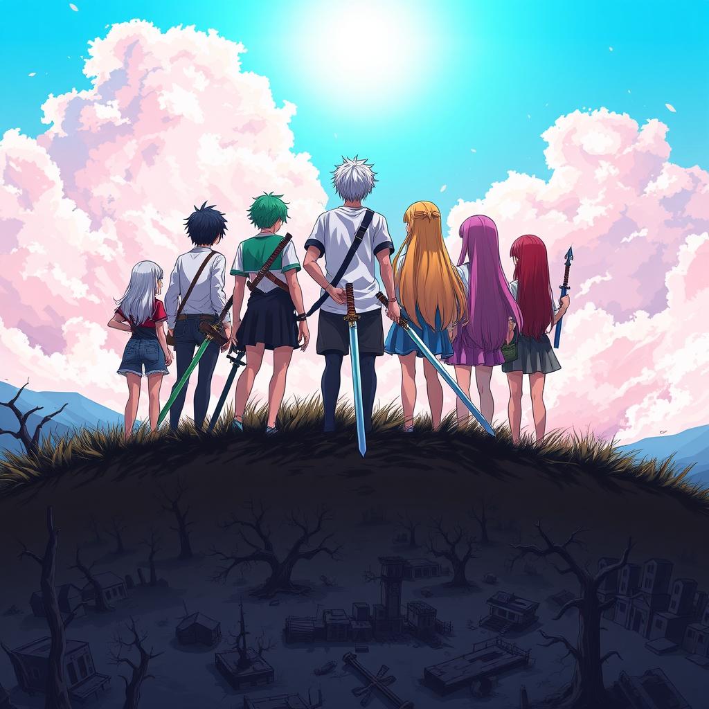 A group of seven young adults around the age of 19, standing atop a hill from a back view, with bright sunlight shining above them