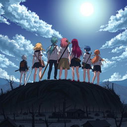 A group of seven young adults around the age of 19, standing atop a hill from a back view, with bright sunlight shining above them