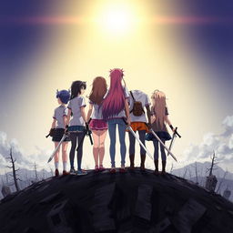 A group of seven young adults around the age of 19, standing atop a hill from a back view, with bright sunlight shining above them