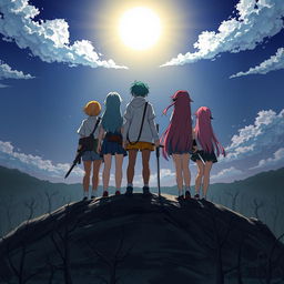 A group of seven young adults around the age of 19, standing atop a hill from a back view, with bright sunlight shining above them