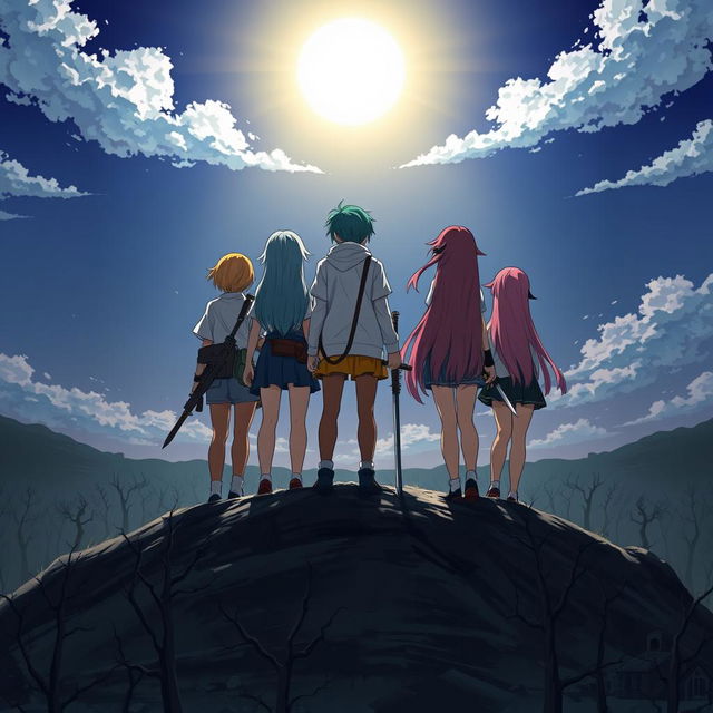 A group of seven young adults around the age of 19, standing atop a hill from a back view, with bright sunlight shining above them