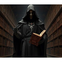 A mysterious knight dressed in a flowing black robe and elegant dress, his face obscured in shadows