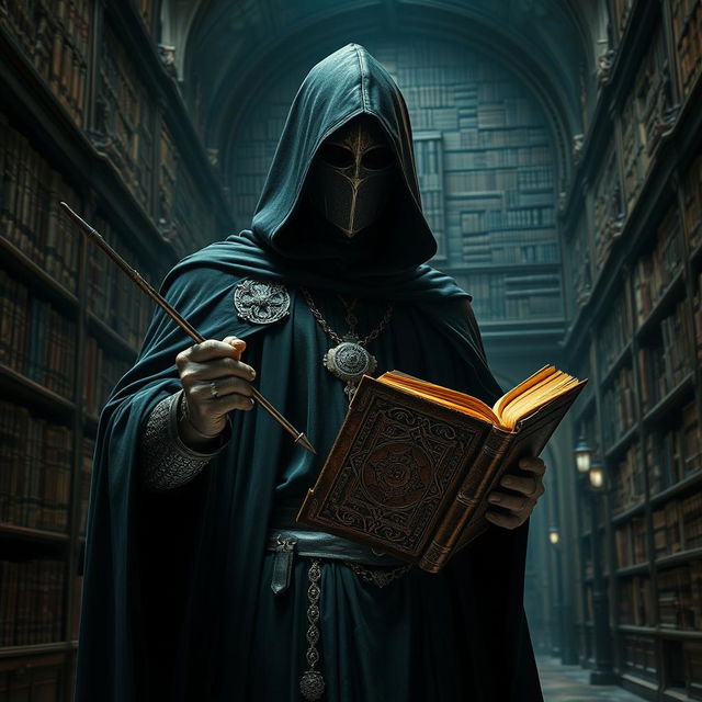 A mysterious knight dressed in a flowing black robe and elegant dress, his face obscured in shadows