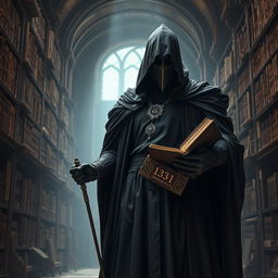 A mysterious knight dressed in a flowing black robe and elegant dress, his face obscured in shadows