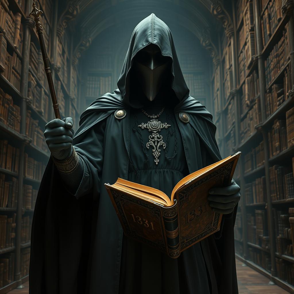 A mysterious knight dressed in a flowing black robe and elegant dress, his face obscured in shadows
