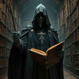 A mysterious knight dressed in a flowing black robe and elegant dress, his face obscured in shadows
