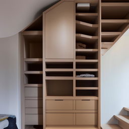 A creatively designed and space-efficient wardrobe built into a nook under a staircase, featuring well-organized compartments, hangers and drawers with aesthetically pleasing interior design.