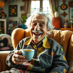 A funny and charming elderly man with a big, warm smile and twinkling eyes