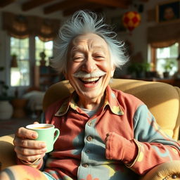 A funny and charming elderly man with a big, warm smile and twinkling eyes