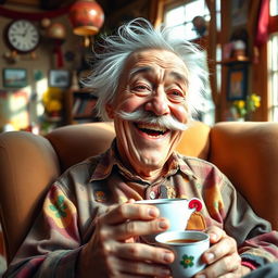 A funny and charming elderly man with a big, warm smile and twinkling eyes