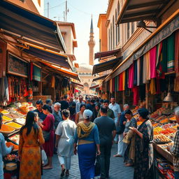 A vibrant and bustling market scene in an Middle Eastern city, filled with colorful stalls selling spices, fabrics, and handcrafted goods