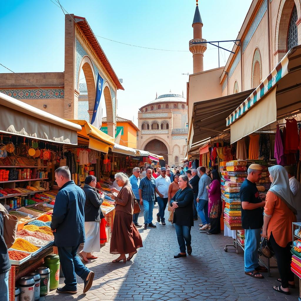 A vibrant and bustling market scene in an Middle Eastern city, filled with colorful stalls selling spices, fabrics, and handcrafted goods
