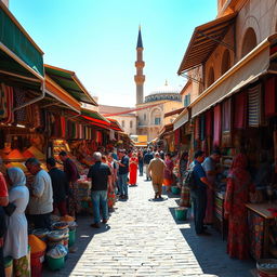 A vibrant and bustling market scene in an Middle Eastern city, filled with colorful stalls selling spices, fabrics, and handcrafted goods