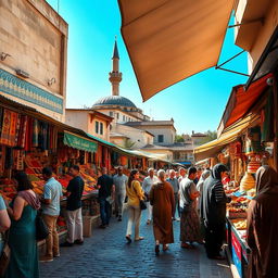 A vibrant and bustling market scene in an Middle Eastern city, filled with colorful stalls selling spices, fabrics, and handcrafted goods