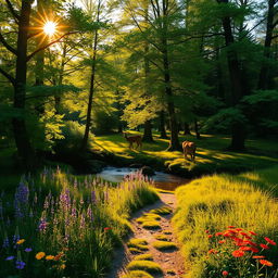 A serene landscape of a lush green forest during the golden hour, with sunlight filtering through the leaves, casting dappled shadows on the ground