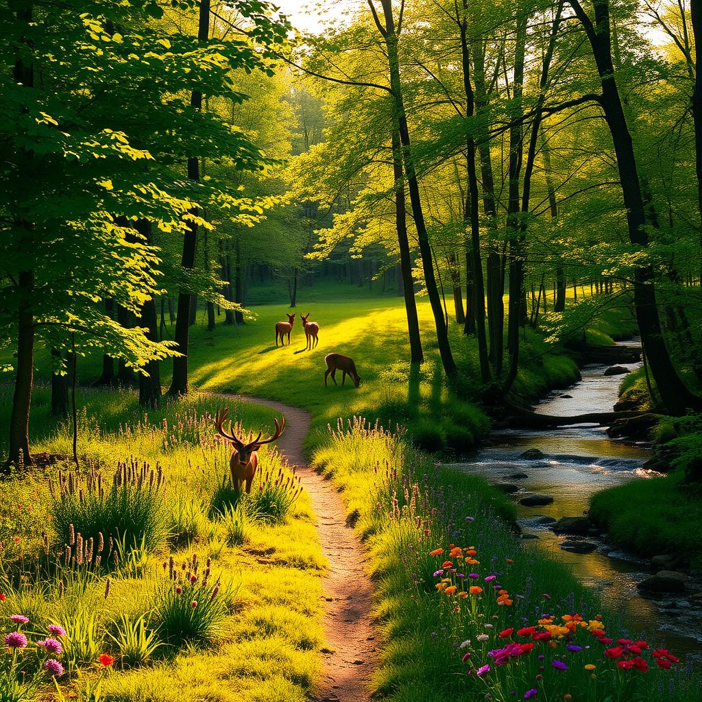 A serene landscape of a lush green forest during the golden hour, with sunlight filtering through the leaves, casting dappled shadows on the ground